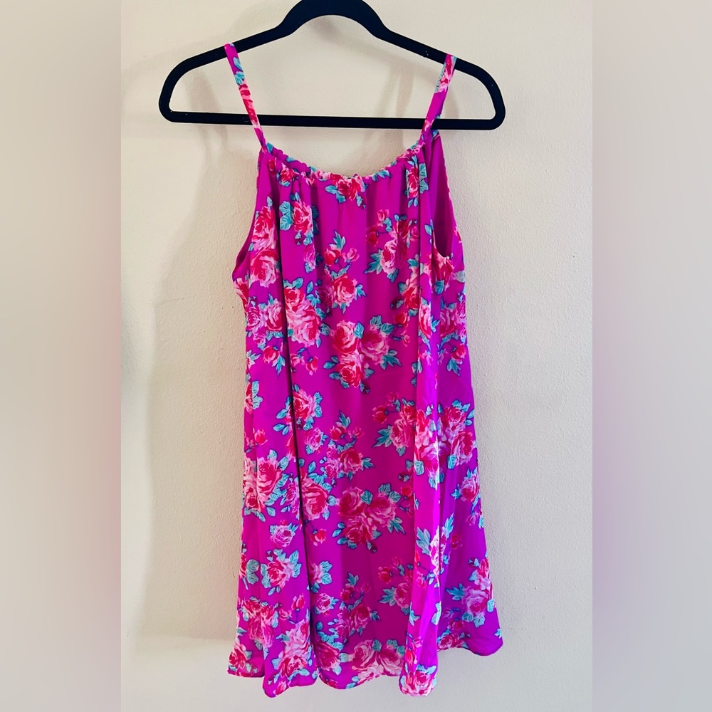 Pink rose floral and teal swing dress